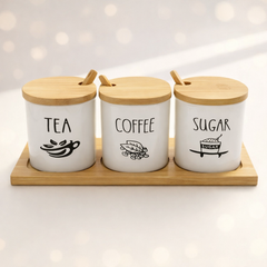 Tea, Coffee & Sugar Storage Jar Set – 3 Piece Bamboo Lid Set
