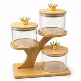 3 Pcs Fancy Glass Jar Set with Wooden Stand | Premium Decorative Storage Jars