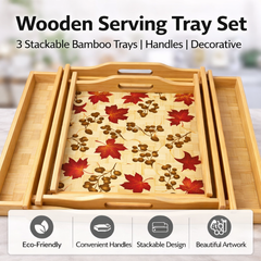 Wooden Tray Set 3 Pcs | Bamboo Serving Trays with Handles | Decorative & Multipurpose