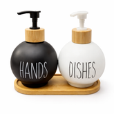 Soap Dispenser Set with Bamboo Tray | Hand & Dish Soap Bottles | Black & White Kitchen Sink Set