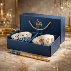 Luxury Japanese Ceramic Bowl Set with Chopsticks – Floral Design (2 / 4 / 6 Pcs Gift Set)