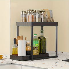 Luxury Sliding 2-Tier Black Kitchen Organizer Rack – Premium Countertop Storage Shelf