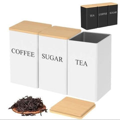 Tea Sugar Coffee Steel Jar Set | 3 Pcs | Wooden Lid
