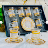 Luxury Kawa Glass Cup & Saucer Set – 6 Cups with 6 Saucers | Elegant Gold Design