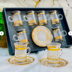 Luxury Kawa Glass Cup & Saucer Set – 6 Cups with 6 Saucers | Elegant Gold Design