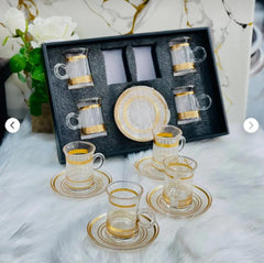 Luxury Kawa Glass Cup & Saucer Set – 6 Cups with 6 Saucers | Elegant Gold Design