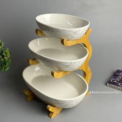 3-Tier Ceramic Serving Platter with Wooden Stand β Elegant Snack & Dessert Display