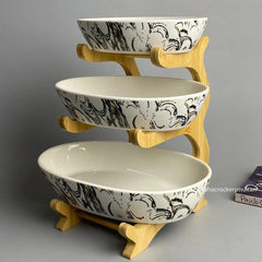 3-Tier Ceramic Serving Platter with Wooden Stand β Elegant Snack & Dessert Display