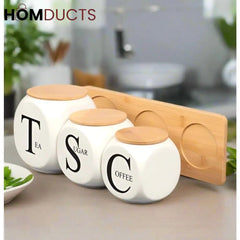 Modern Kitchen Storage - Ceramic Jars with Bamboo Stand for Coffee, Tea, Sugar Supplies