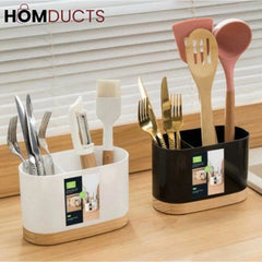 Modern White Kitchen Utensil Holder with Natural Wooden Base - Stylish & Space-Saving Countertop Organizer