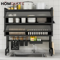 Wall-Mounted Kitchen Dish Rack with Storage Shelf, Knife Holder, and Utensil Organizer - Over Sink Space Saver