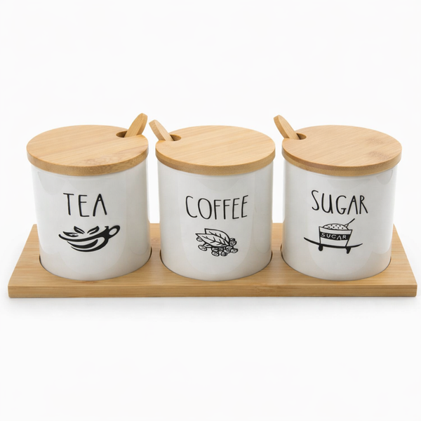 Tea, Coffee & Sugar Storage Jar Set – 3 Piece Bamboo Lid Set
