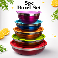 Stainless Steel Mixing Bowl Set – 5 Pcs with Airtight Color Lids | Multi-Size Kitchen Prep Bowls