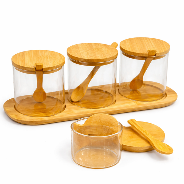 Spice Jar Set – Glass Jars with Wooden Lids & Tray