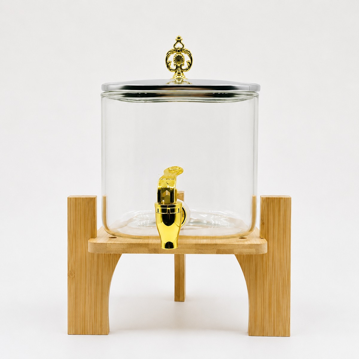 Premium Glass Beverage Dispenser with Wooden Stand & Gold Tap – 2 Liter