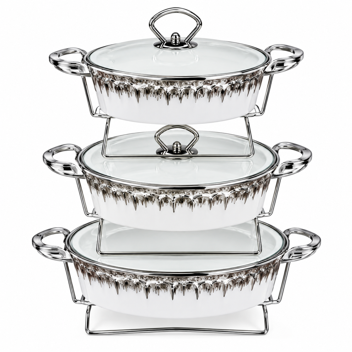 Royal 3-Tier Chafing Dish Serving Set – Elegant Buffet Food Warmer with Glass Lids