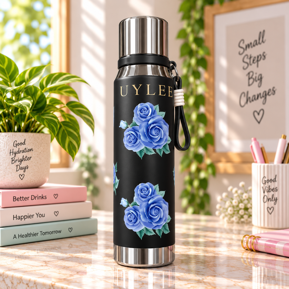 Elegant Floral Stainless Steel Water Bottle – Insulated Bottle with Carry Strap