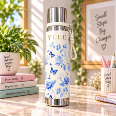 Elegant Floral Stainless Steel Water Bottle – Insulated Bottle with Carry Strap