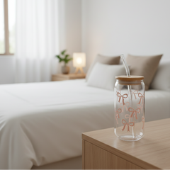 Printed Bow Glass Tumbler with Straw