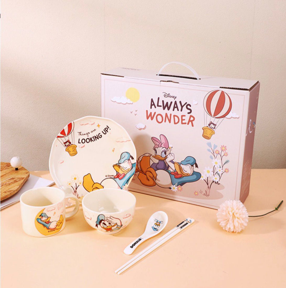Disney Donald Duck 5-Piece Kids Dinner Set – Premium Ceramic Plate, Bowl, Cup, Spoon & Chopsticks Gift Set