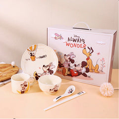Disney Mickey & Minnie 5-Piece Kids Dinner Set – Premium Ceramic Plate, Bowl, Cup, Spoon & Chopsticks Gift Set