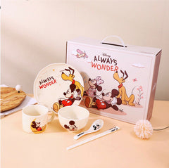 Disney Mickey Mouse 5-Piece Kids Dinner Set – Premium Ceramic Plate, Bowl, Cup, Spoon & Chopsticks Gift Set