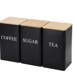 Tea Sugar Coffee Steel Jar Set | 3 Pcs | Wooden Lid