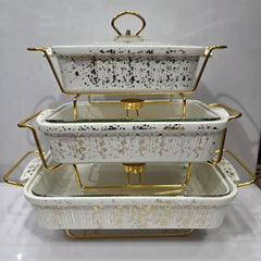 3 Pieces Luxury Ceramic Buffet Serving Dishes Set with Gold Stand & Glass Lid