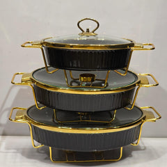 3 Pieces Luxury Ceramic Buffet Serving Dishes Set with Gold Stand & Glass Lid