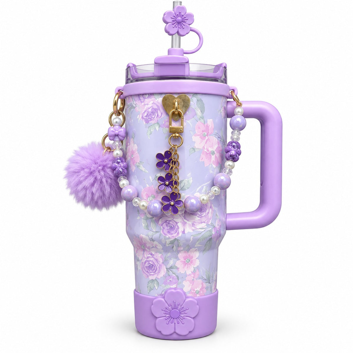 Floral Charm Tumbler – Cute Beaded & Pom-Pom Water Bottle