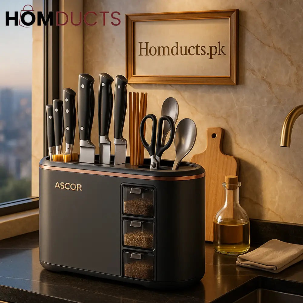 Ascor Luxe 8-in-1 Kitchen Organizer – Knife, Utensil & Spice Holder