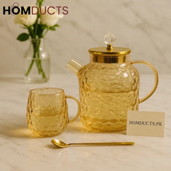 Luxury Amber Glass Tea Set – 1 Kettle, 6 Glasses & 6 Gold Spoons
