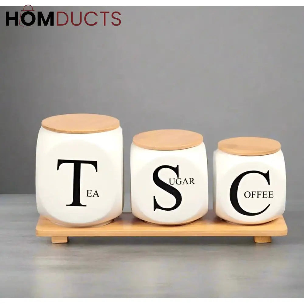 Modern Kitchen Storage - Ceramic Jars with Bamboo Stand for Coffee, Tea, Sugar Supplies
