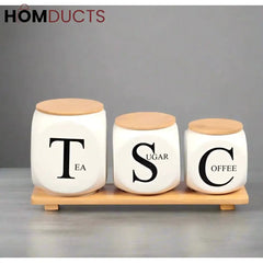 Modern Kitchen Storage - Ceramic Jars with Bamboo Stand for Coffee, Tea, Sugar Supplies