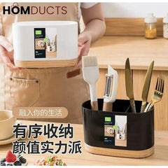 Modern White Kitchen Utensil Holder with Natural Wooden Base - Stylish & Space-Saving Countertop Organizer