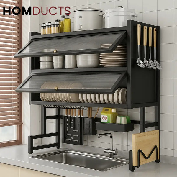 Wall-Mounted Kitchen Dish Rack with Storage Shelf, Knife Holder, and Utensil Organizer - Over Sink Space Saver